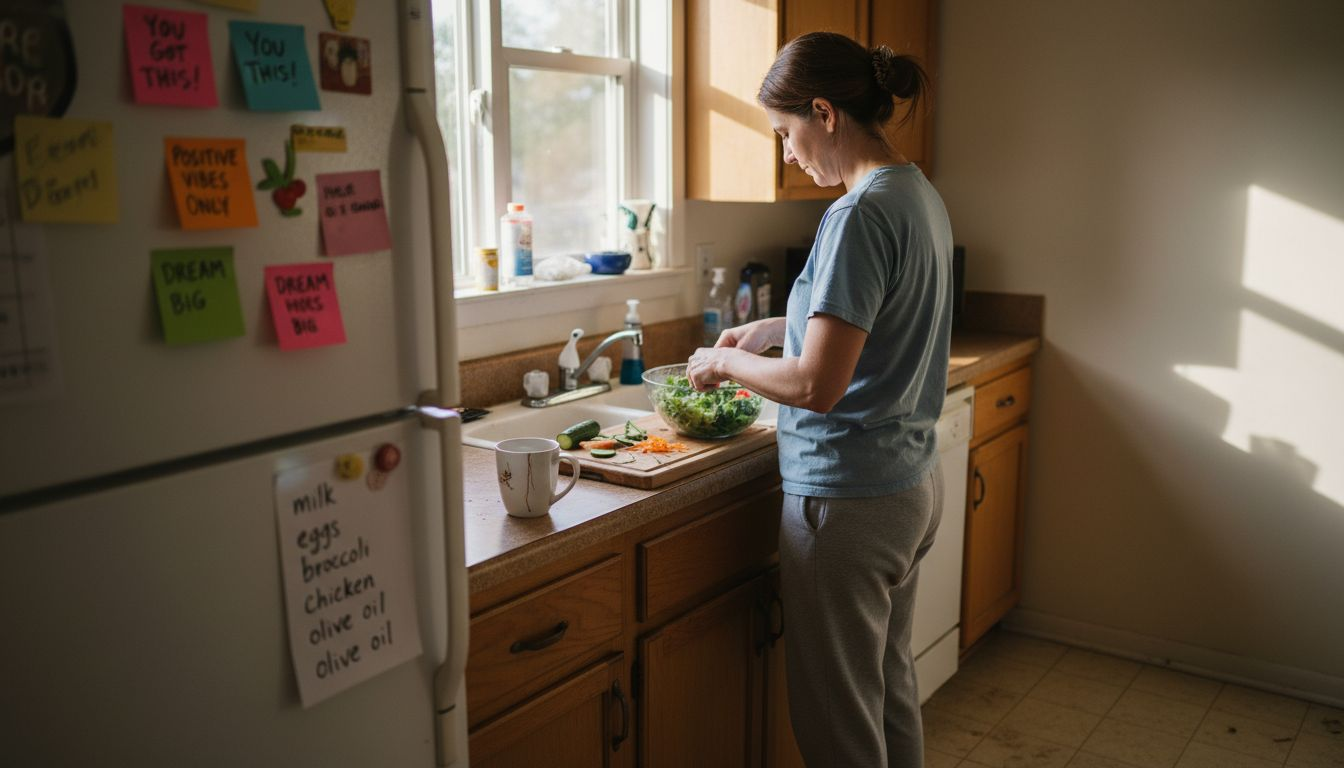 Woman preparing healthy meal with motivational notes