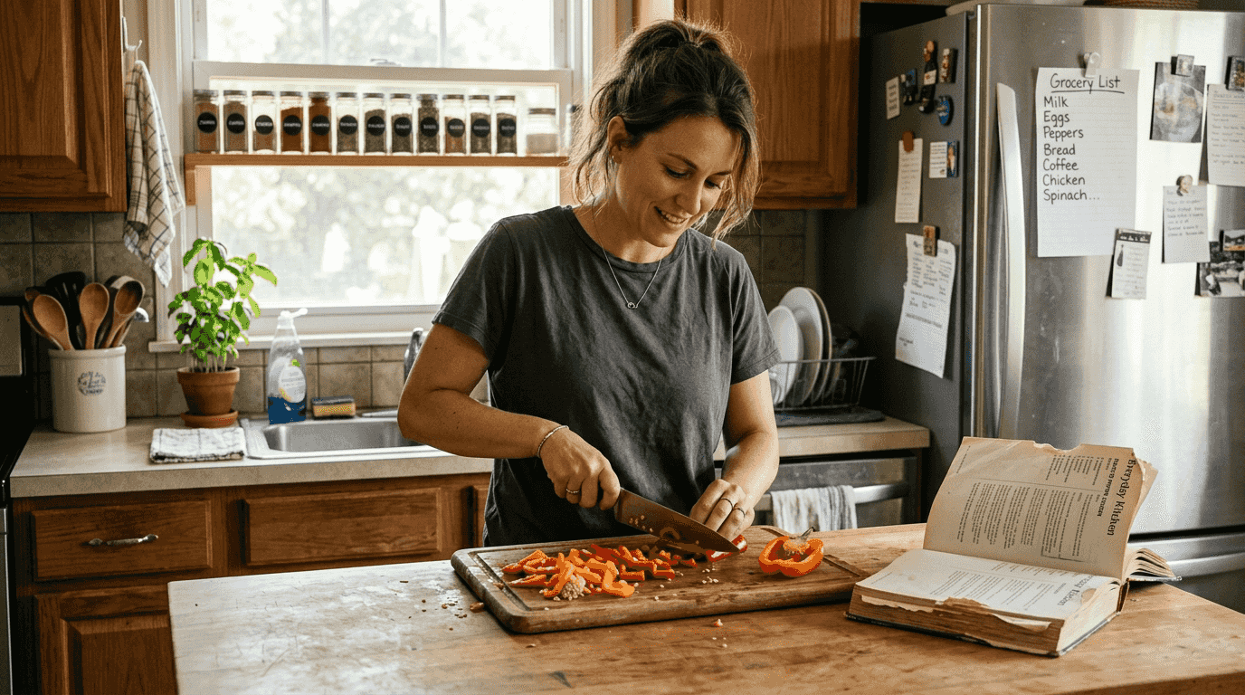 Woman preparing vegetables in bright home kitchen