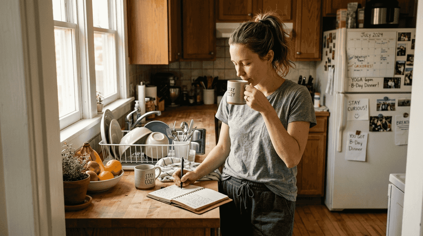 Woman journaling by kitchen counter in morning