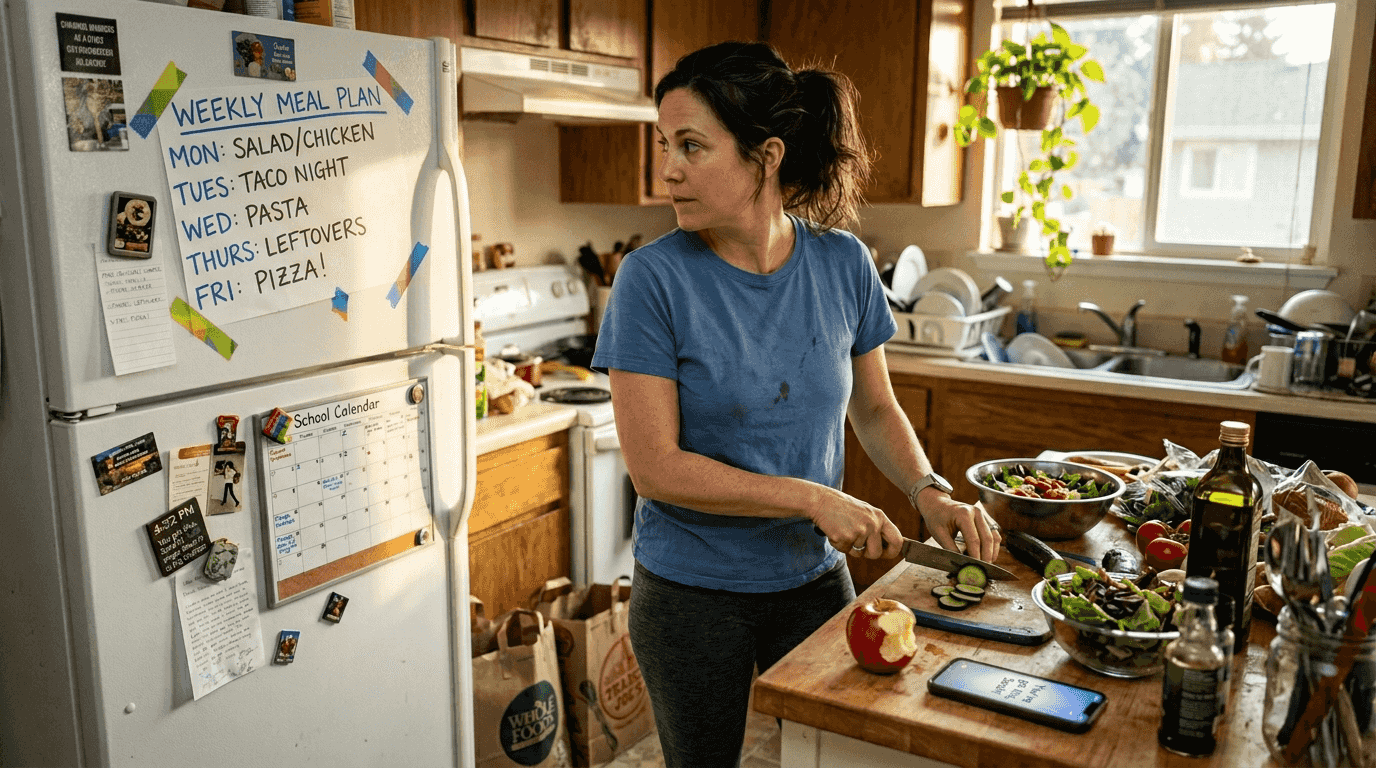 Woman planning healthy meal in everyday kitchen