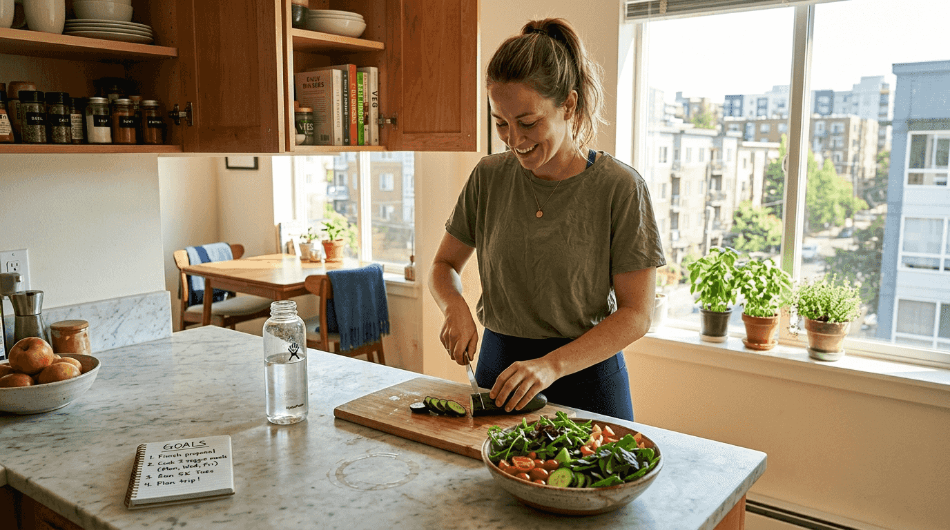 Woman preparing healthy meal in bright kitchen