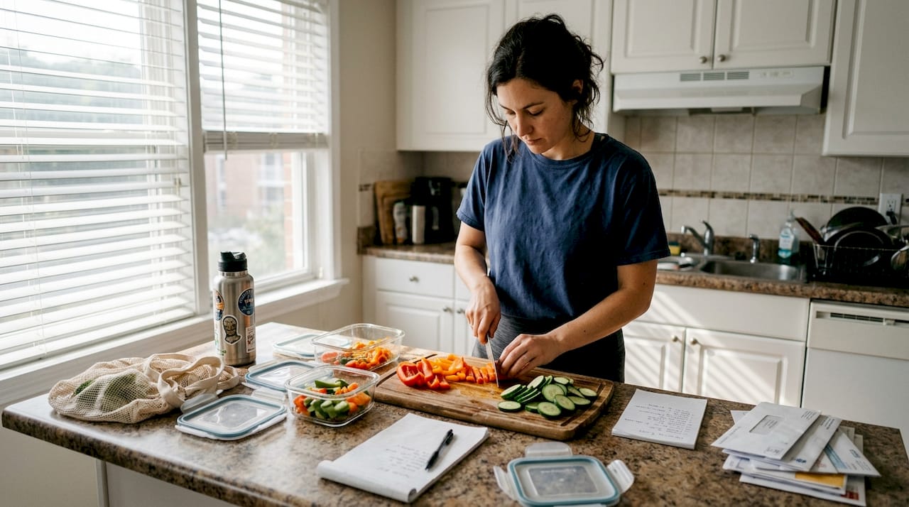 Woman prepping vegetables in small kitchen