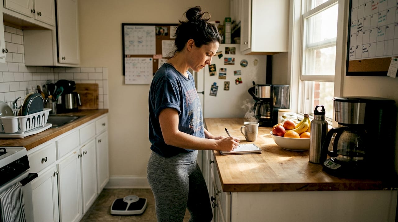 Woman tracking weight in home kitchen