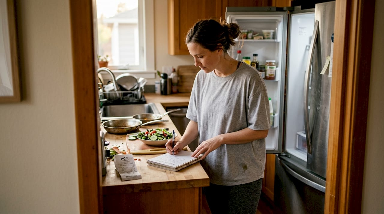 Woman tracking meals in a real kitchen workspace