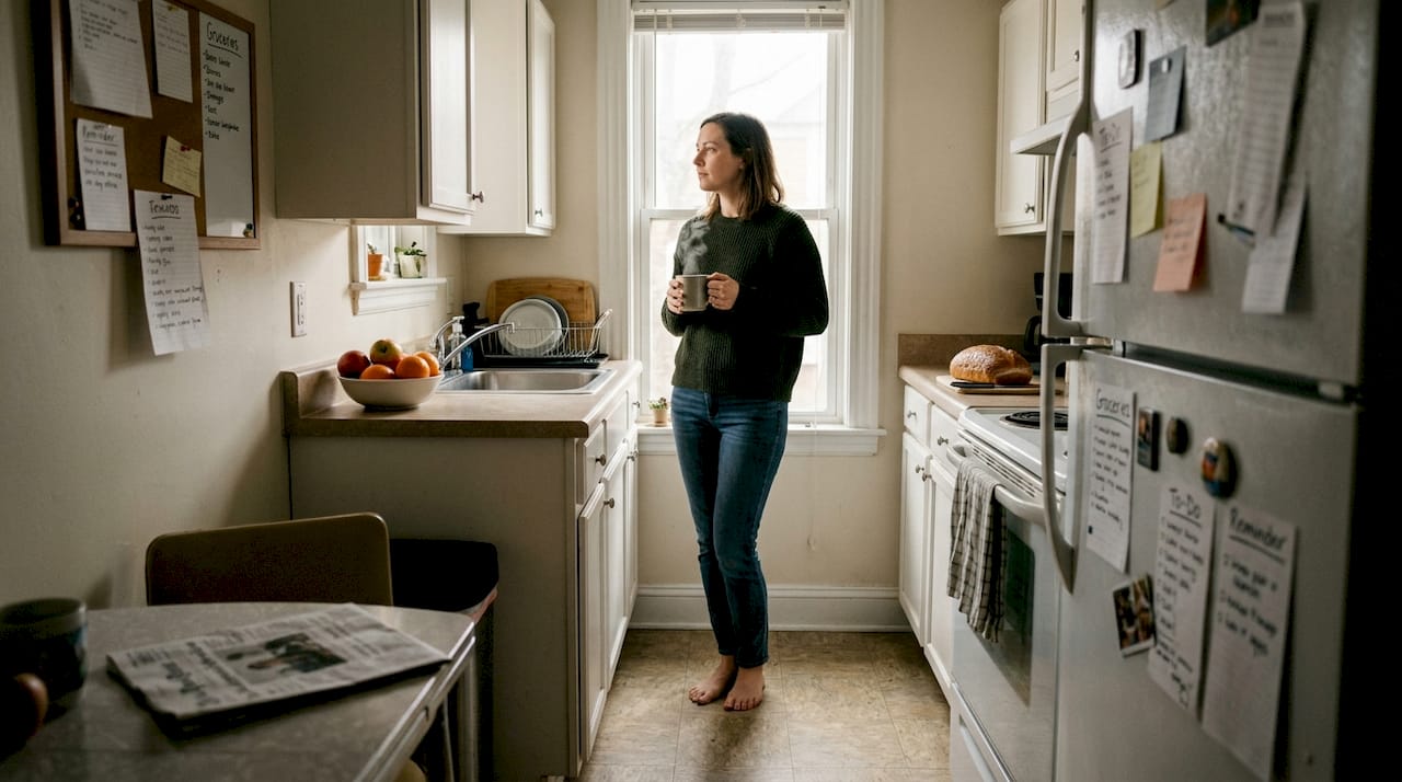 Woman checking weight in home kitchen