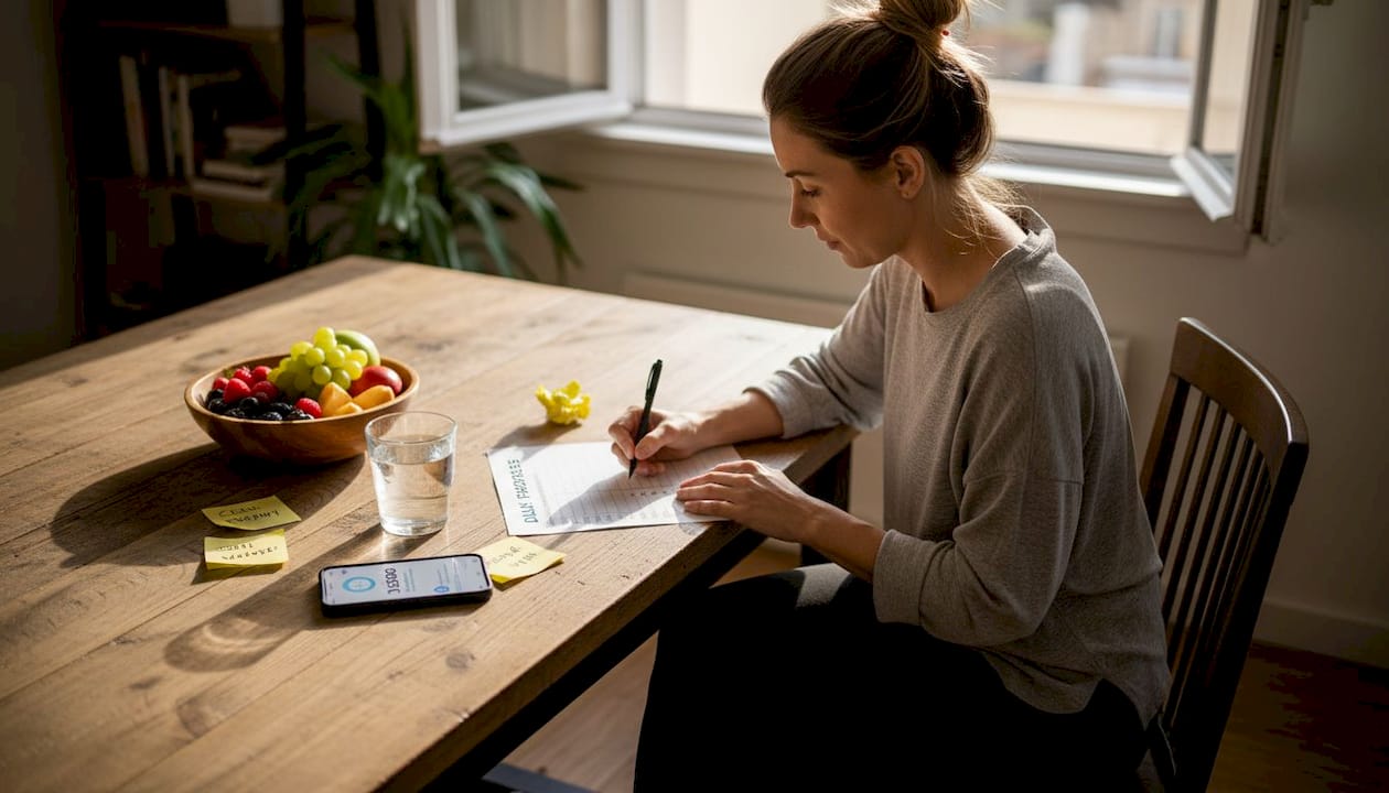 Woman filling weight loss checklist at kitchen table