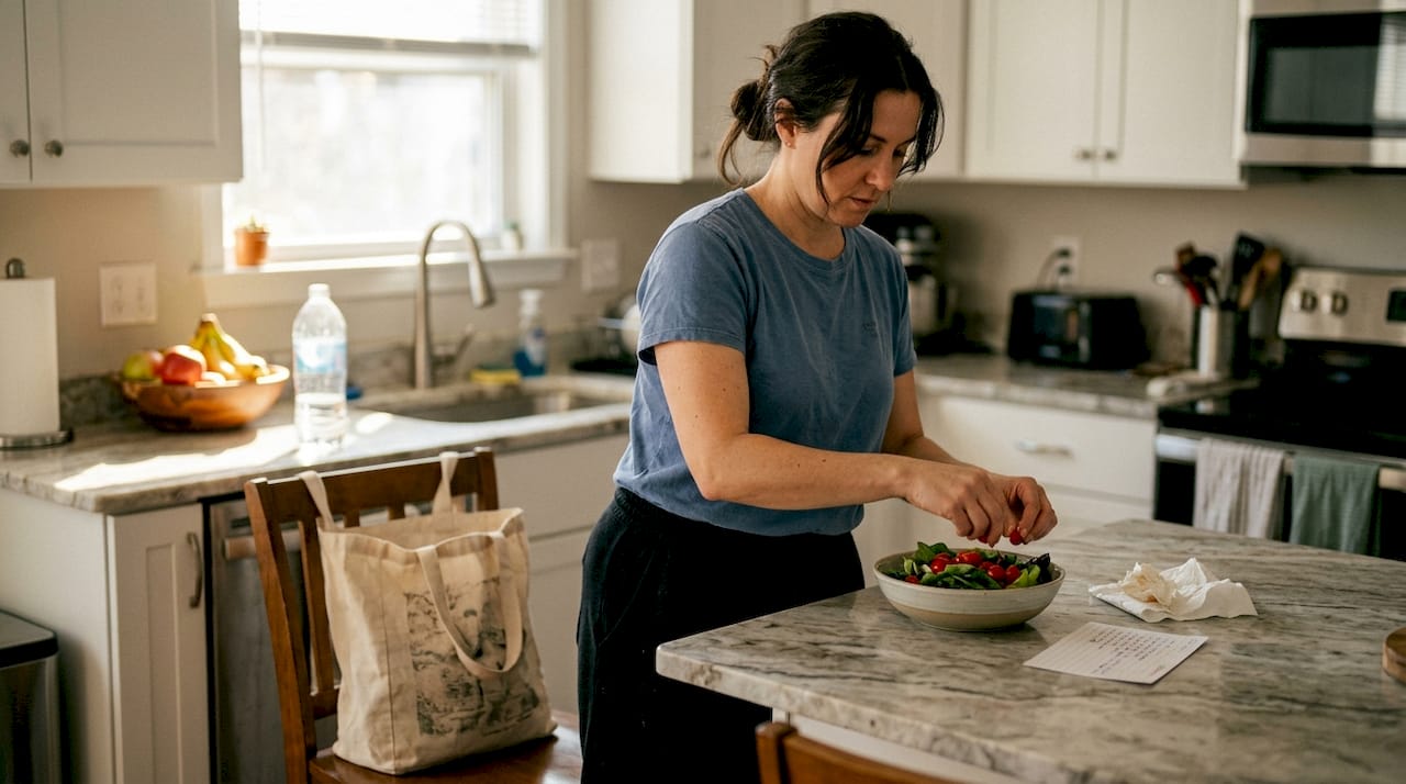Woman preparing healthy salad in casual kitchen