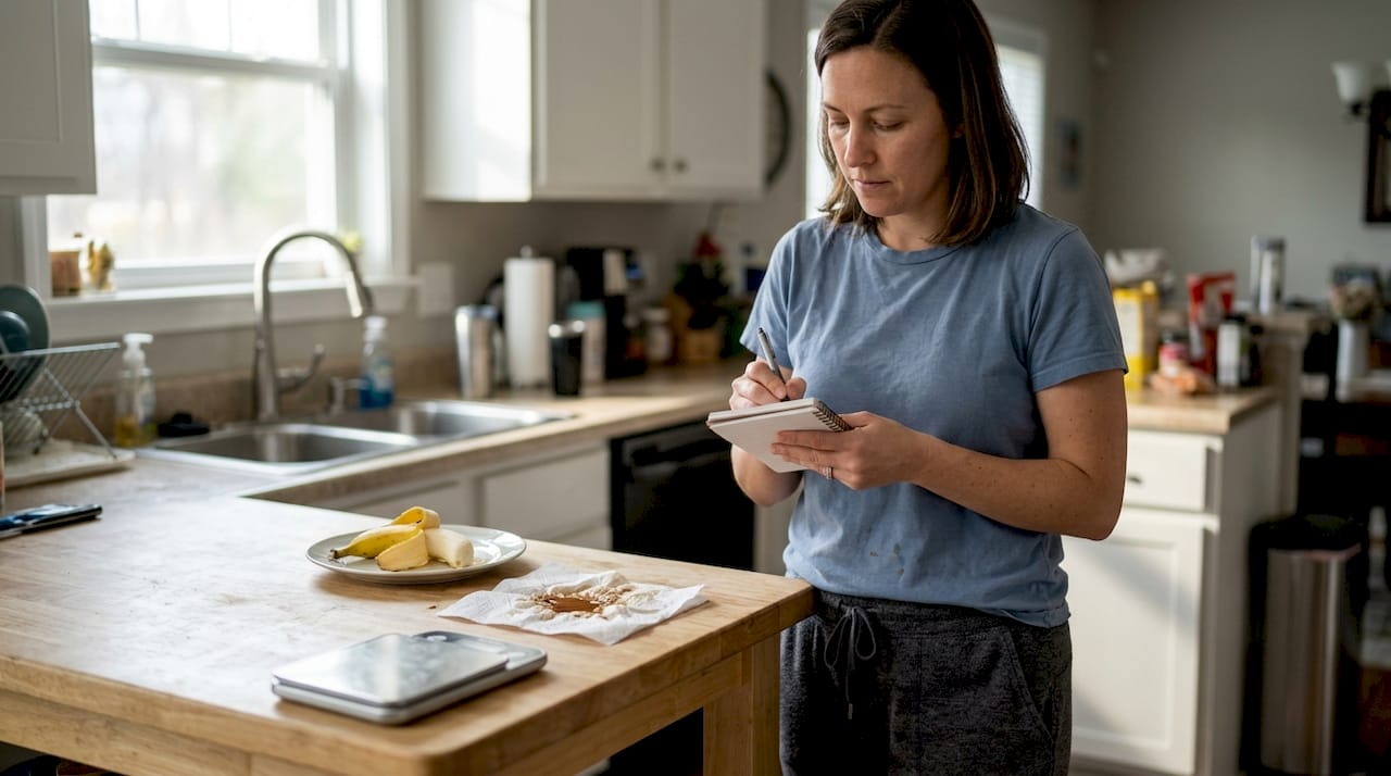 Woman tracking weight in home kitchen notebook