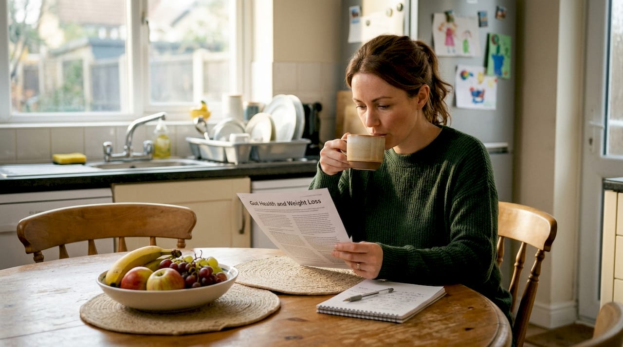 Woman reads article about gut health at kitchen table