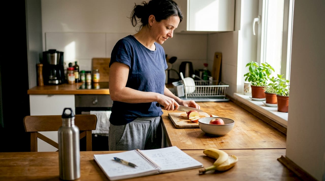 Woman preparing fruit in a bright kitchen
