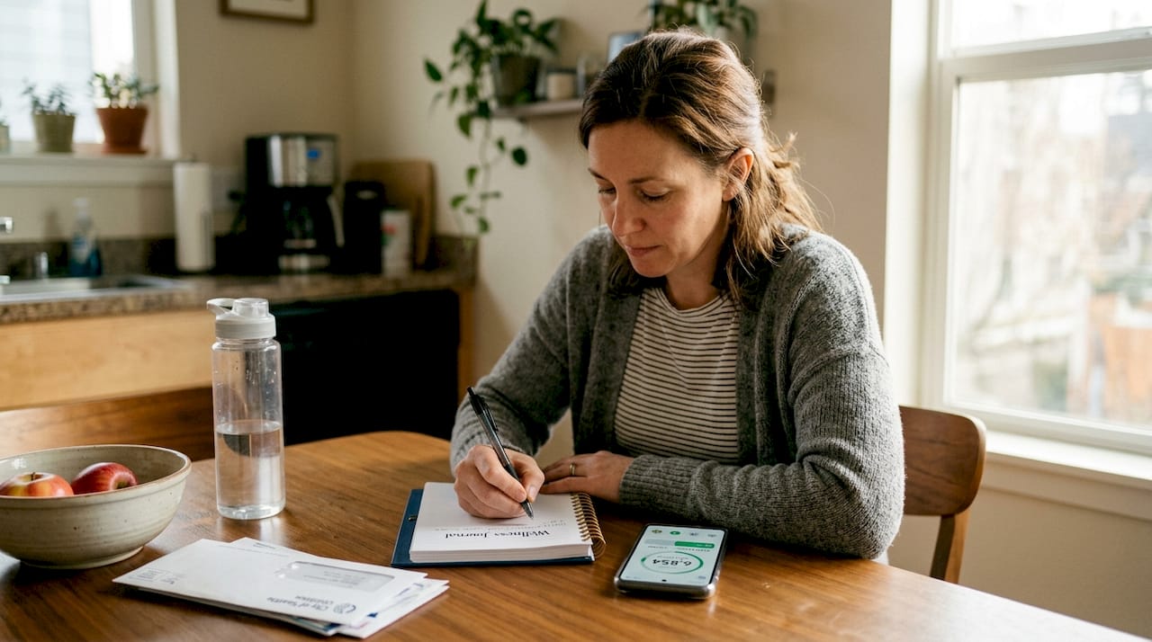 Woman writing in wellness journal at kitchen table