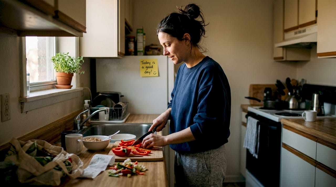 Woman prepping healthy meal in home kitchen