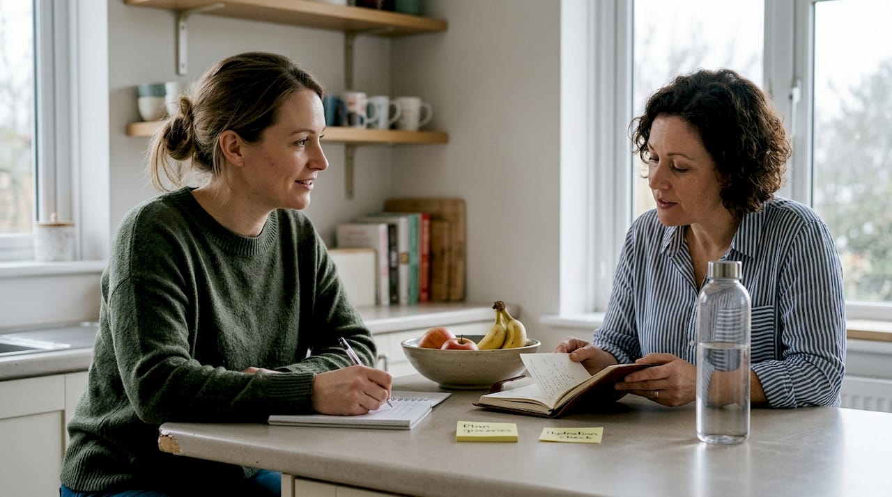 Coach and client discussing at kitchen table