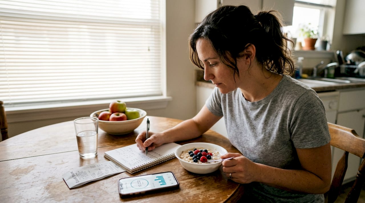 Woman journaling food and eating oatmeal