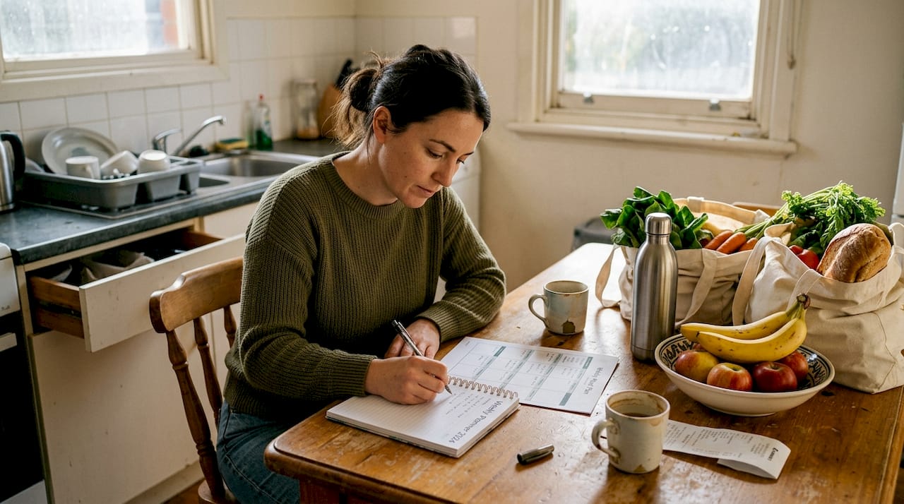 Woman creating a meal plan at kitchen table