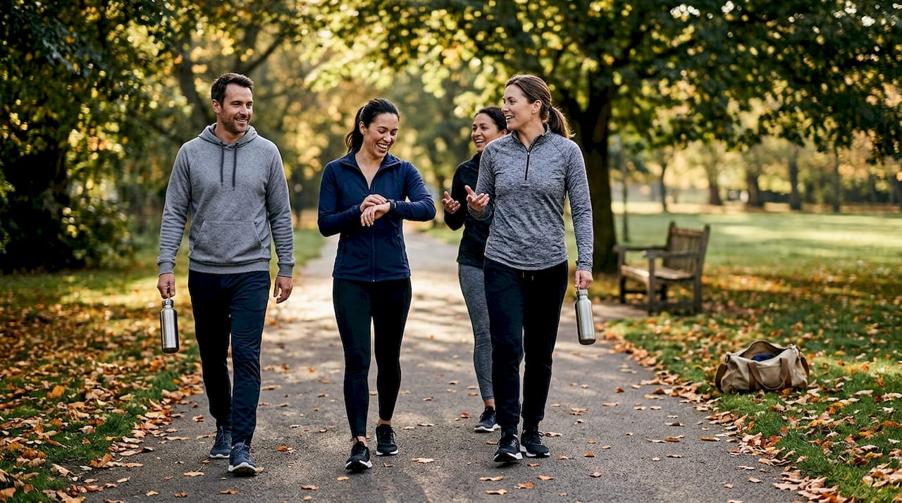 Friends walk together in park for exercise