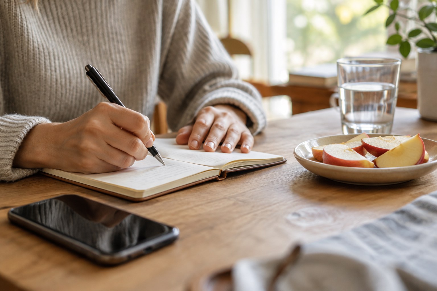 A person writing a short reflection in a notebook beside a plate of fruit