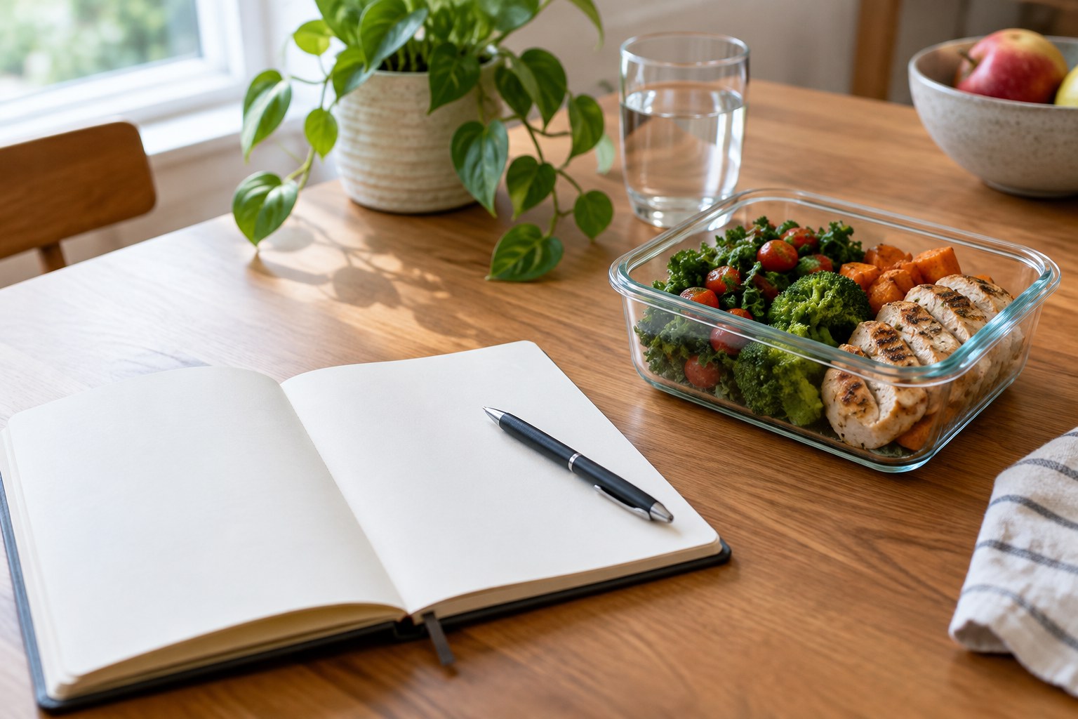 Journal and prepared meal on a kitchen table, illustrating practical planning for long-term weight maintenance